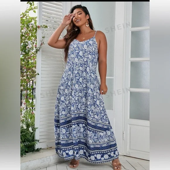 💙SHEIN NEW!! BOHO BLUE SND WHITE SPAGHETTI STRAP FLOWY MAXI SUMMER DRESS - Picture 2 of 11